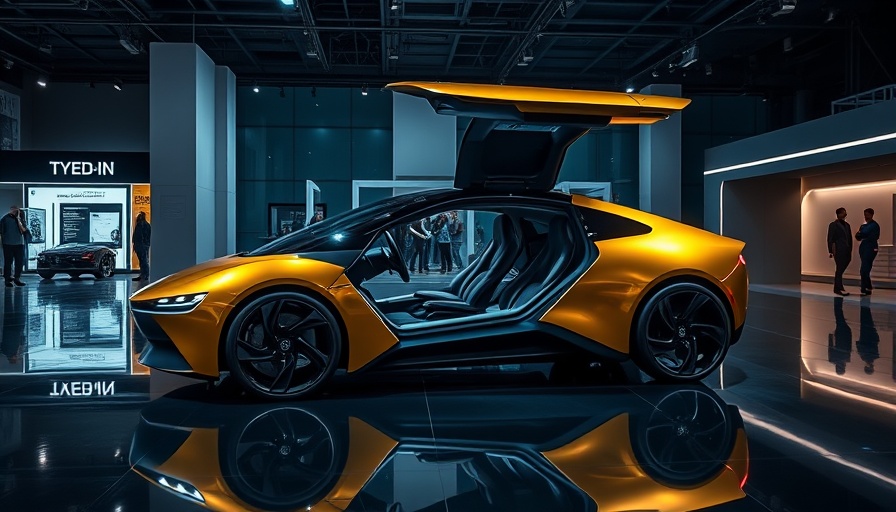 Futuristic self-driving vehicle with gull-wing doors at exhibition.