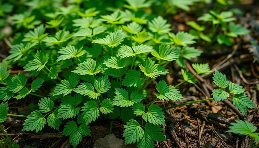 Vibrant stinging nettle plant growing on forest floor.