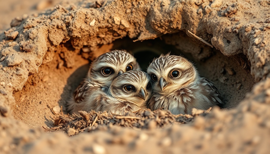 Burrowing owls nestled in sand, warm soft lighting.
