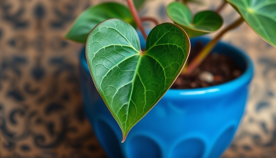 Heart-shaped Hoya plant in blue pot, decorative background.