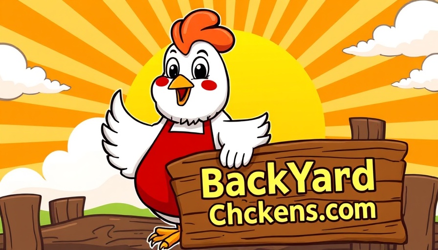 Whimsical cartoon chicken with apron, joining avian community sign.