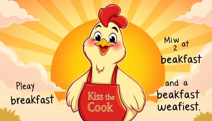 Cartoon chicken with apron in bright sunrise background.