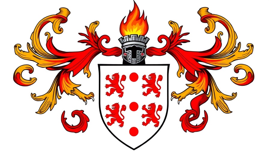 Colorful coat of arms with medieval flair, flaming tower