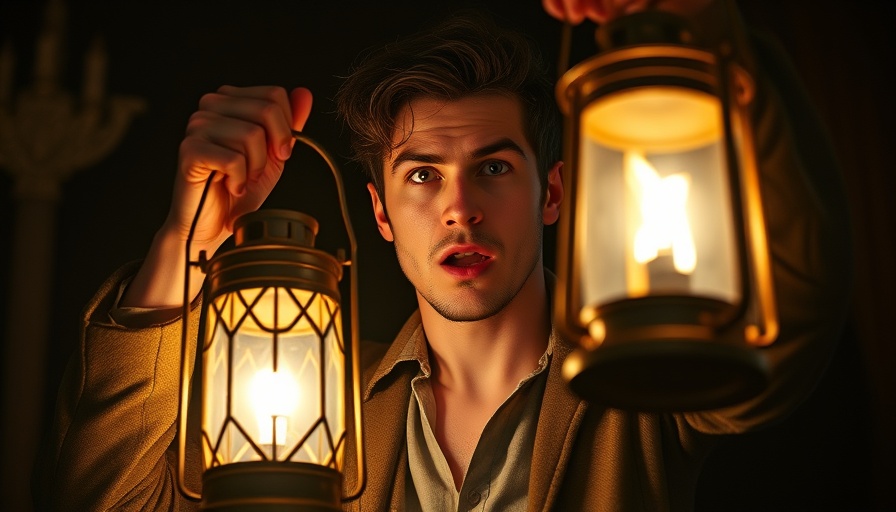 Actor holding lantern in theatrical scene, 2024-2025 Broadway Tony Awards Revivals.