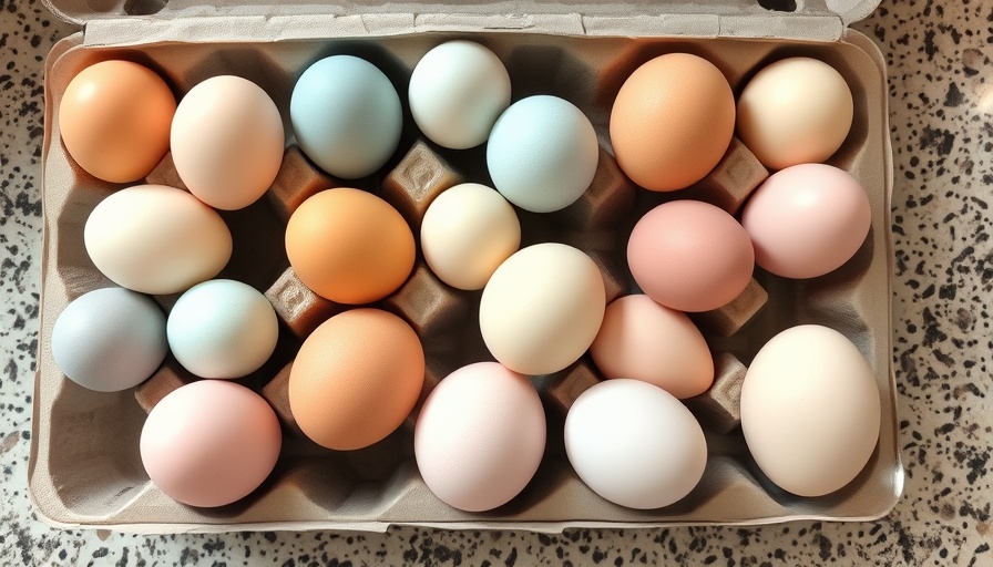 Variety of eggs in cartons on speckled countertop, Silkied EE Chickens.
