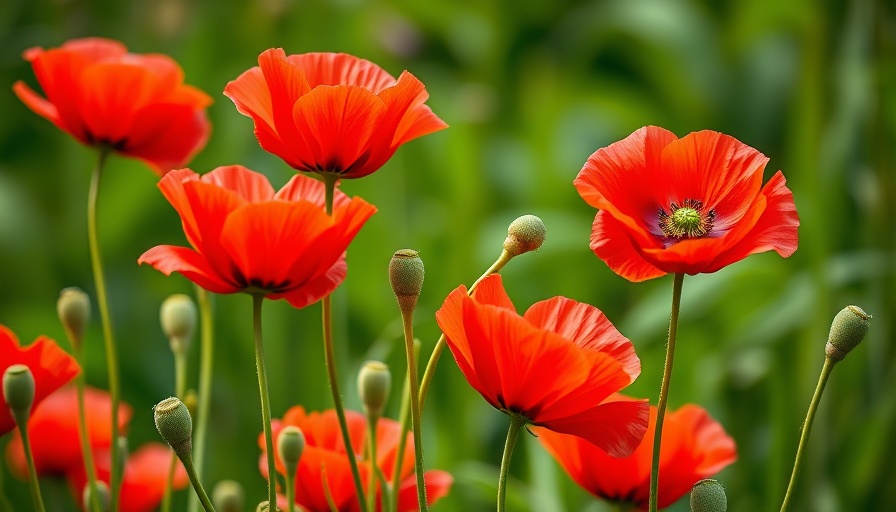 Vibrant red poppies in an outdoor garden, lush green background.