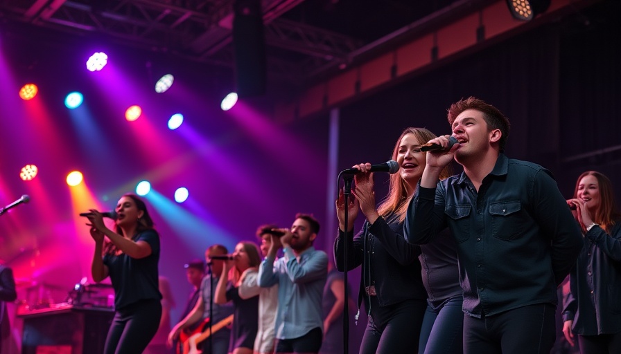 Performers singing at Swept Away Reunion Concert stage.
