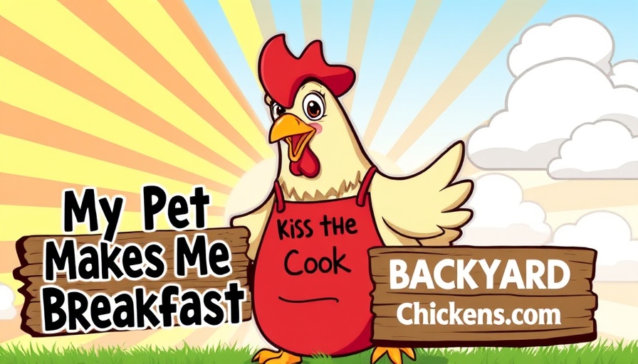 Cartoon chicken with apron and Backyard Chickens logo, Sapphire Gem chicken breed.