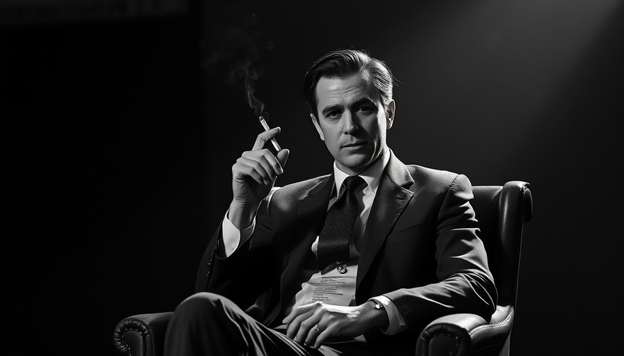 Man in suit on stage, under dramatic light for 'Good Night and Good Luck' imagery.
