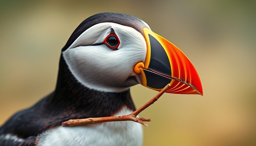 Puffin with vibrant bill holding twig against soft background.