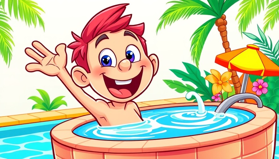 Vibrant cartoon promo with pool and spa, promoting summer.