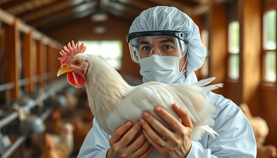 Scientist in protective gear holding chicken, highlighting H5N1 avian flu threat.