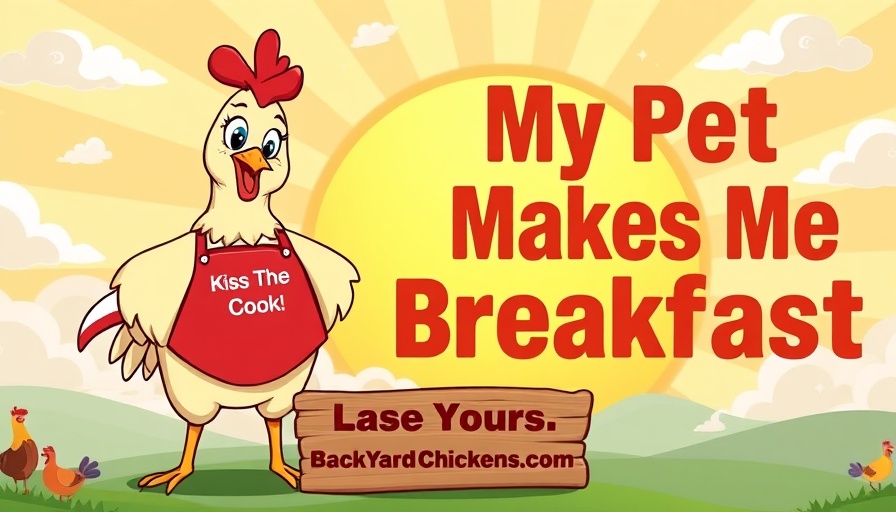 Vibrant cartoon chicken with text at sunrise.