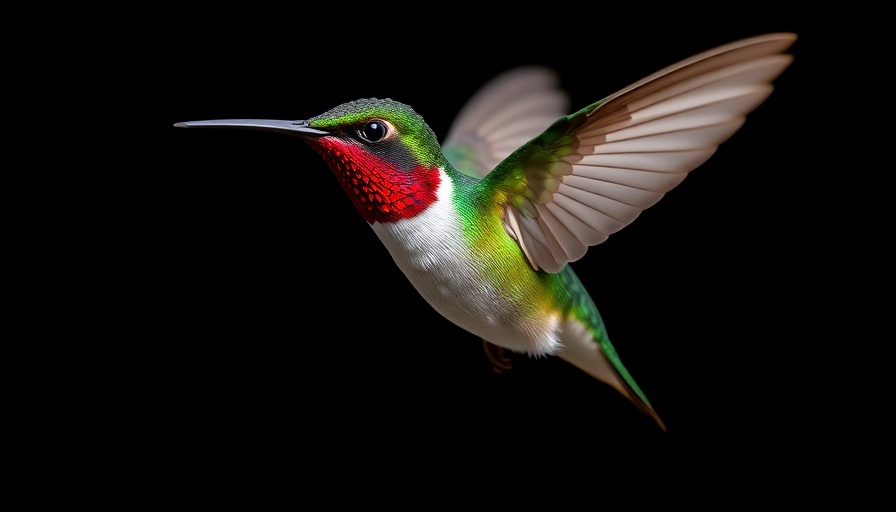 Ruby-throated hummingbird gracefully hovers, vivid plumage showcased.