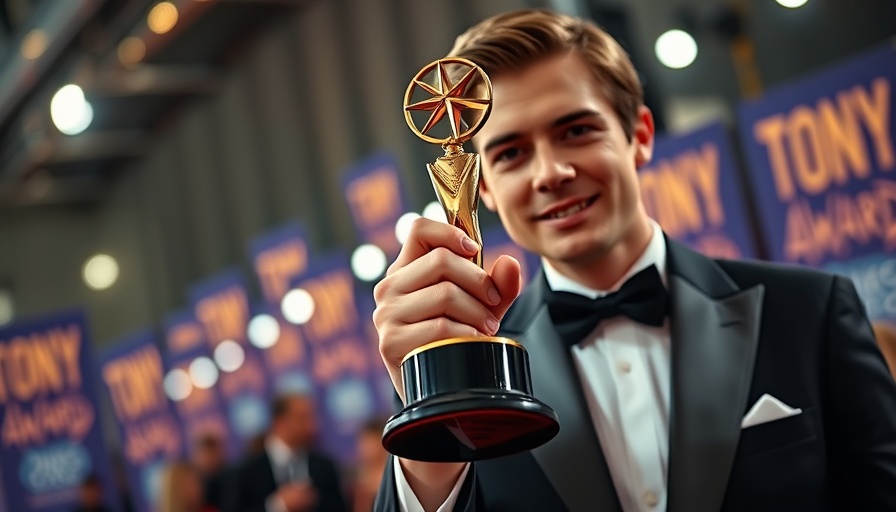 A person elegantly holding a Tony Award on the red carpet, 2025 Tony nominations.