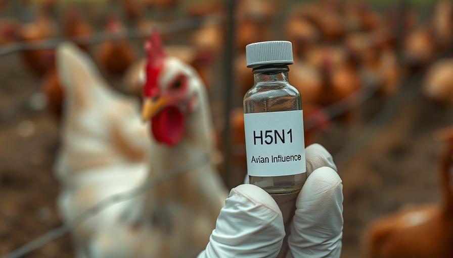 Close-up of H5N1 Avian Influenza vial with chicken, bird flu context.