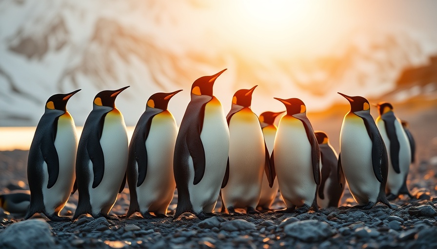 Captivating penguin group on rocky beach at sunrise.