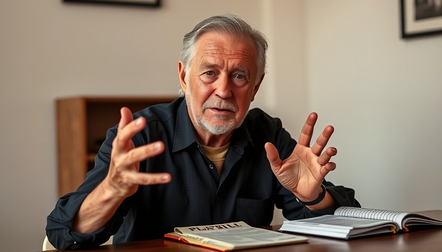 Older man in theater setting, gesturing with a Playbill and book.