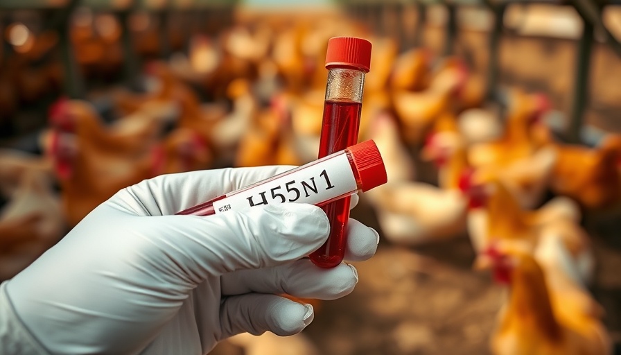 Test tube labeled H5N1 held by gloved hand with blurred chickens.