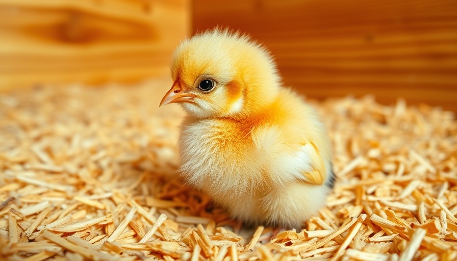 Cute chick with fluffy feathers on wood shavings, indoor setting.