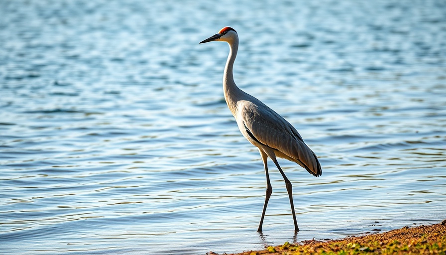 Common crane standing by a lake, showcasing distinctive features.
