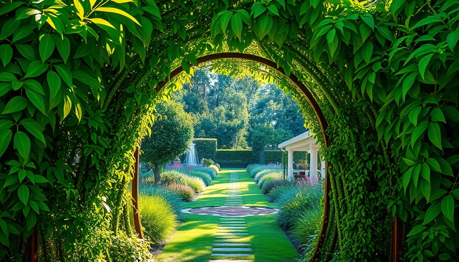 Lush garden archway with sunlight filtering, future of outdoor gardening.