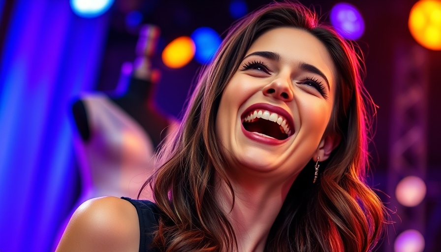 Expressive woman singing passionately on stage in vibrant lighting.
