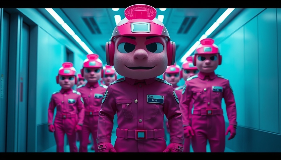 Vibrant mascot and uniformed figures representing AI jobs crisis.