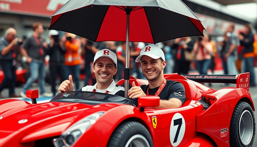 Full-sized Ferrari Lego car with two happy men at a racing event.