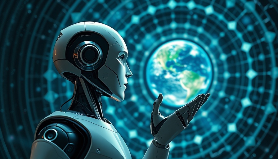 Futuristic robot with Earth hologram in cosmic setting; AI Governance for Public Sector Agencies.