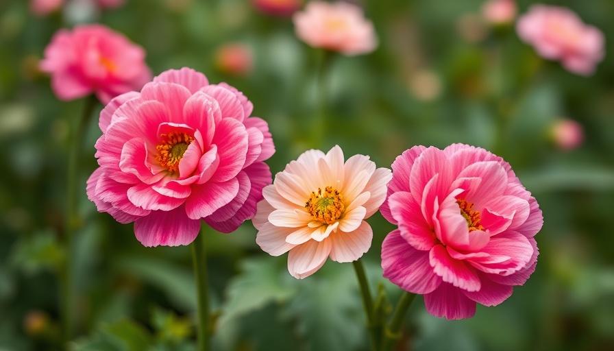 Close-up of vibrant ranunculus flowers, growing in a garden.
