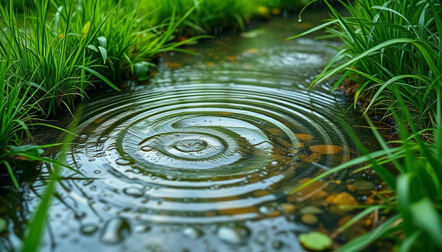 Natural stormwater flow in garden stream with lush greenery.