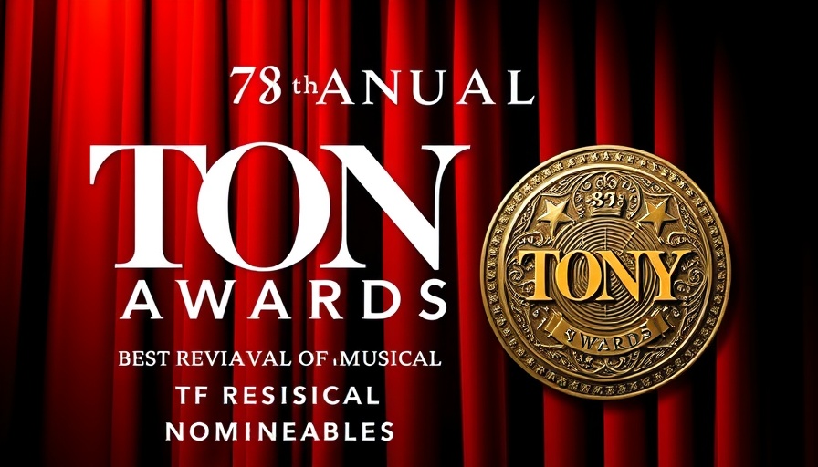 2025 Tony Nominees for Best Revival of a Musical poster, red backdrop with award text.