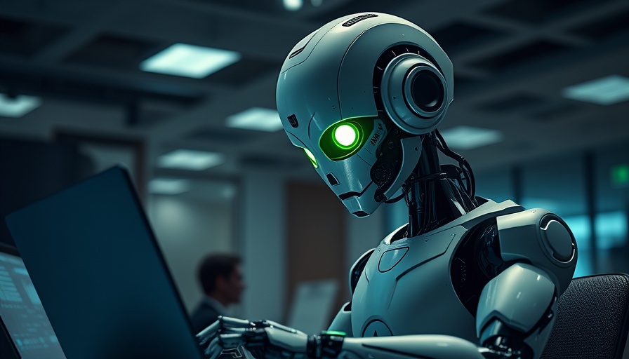 Futuristic AI robot using a laptop in a modern office