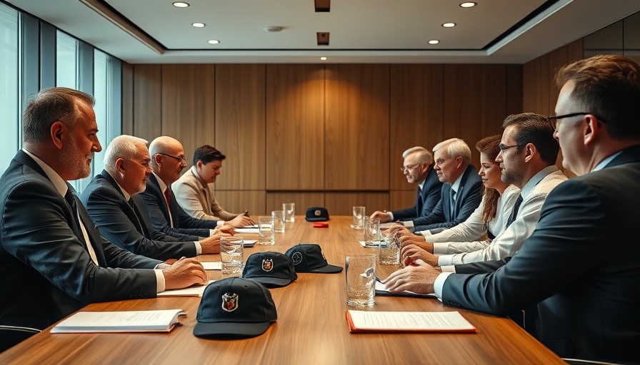 Officials in formal meeting discussing TM Signal security flaws, modern boardroom.