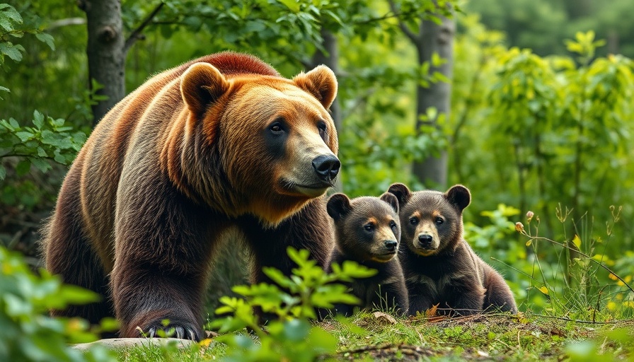 Grizzly bears comeback California with curious bear and cubs in forest.