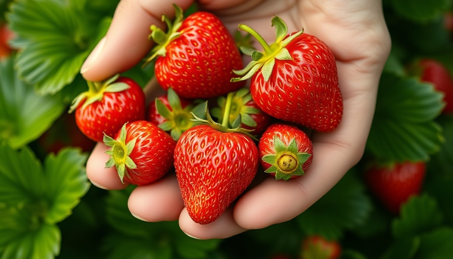 Close-up of ripening strawberries in hand showing growth stages.