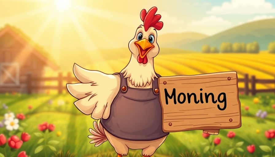 Vibrant cartoon chicken with apron in sunlit farm, Backyard Chickens text.