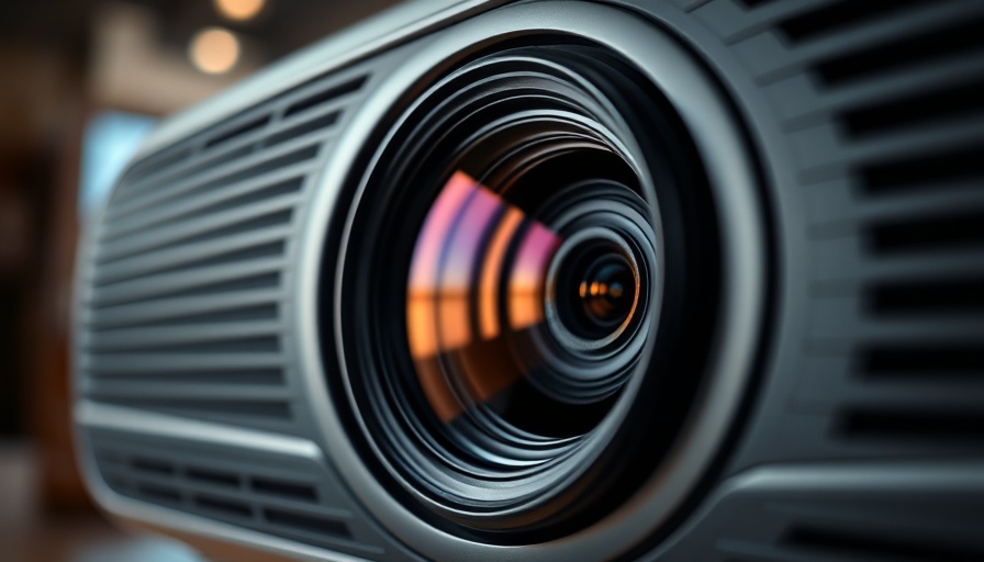 Close-up of a projector lens showcasing the Information Display Measurements Standard.