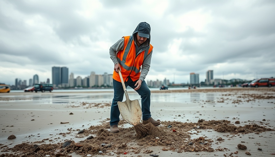 Worker on beach cleaning debris related to USDA Veterinary Workforce Bird Flu.