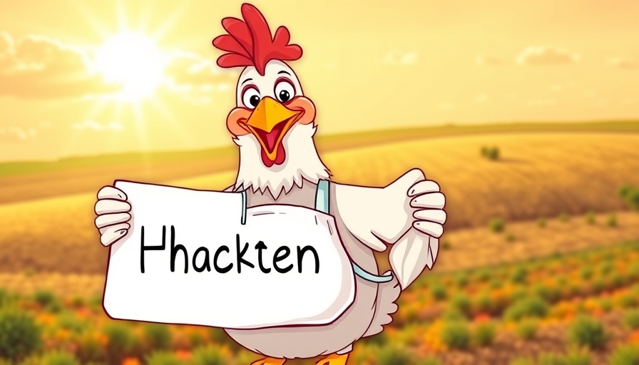Cartoon chicken wearing apron with farm backdrop, chicken stocking techniques.
