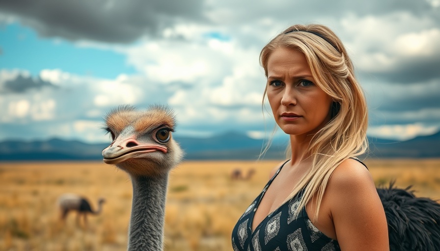 Woman and ostrich in open field, expressing concern.