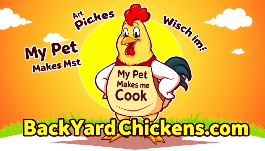 Cartoon chicken promoting egg production in backyard.