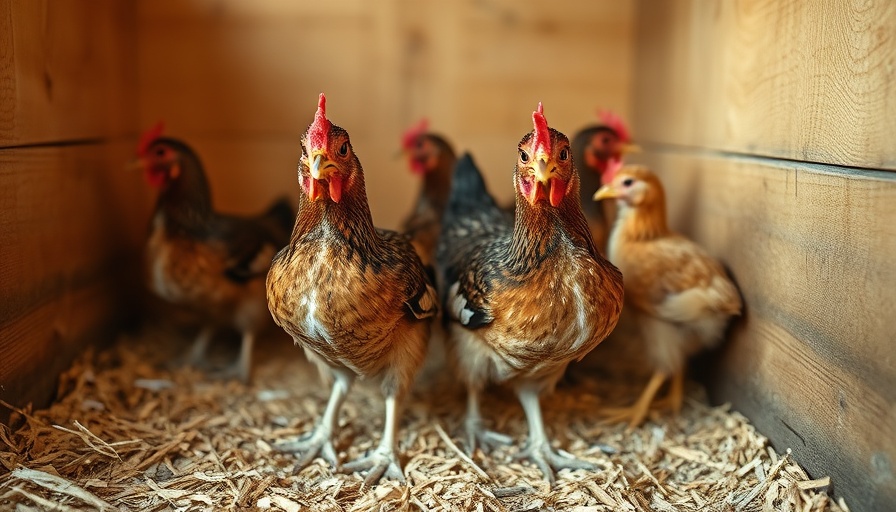 Young Delaware chickens in a wooden coop with warm lighting.