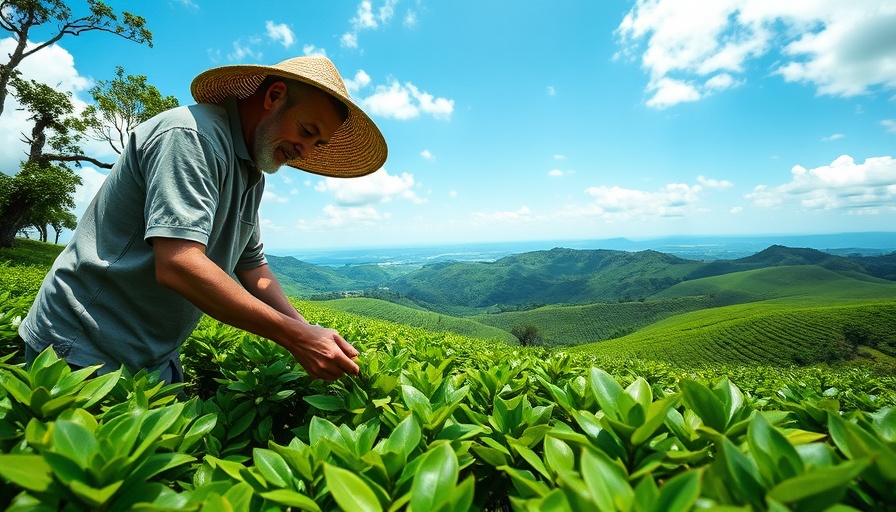 Man working in tea plantation for carbon removal in India.