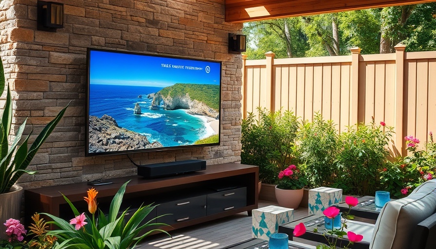 Furrion outdoor technology in a landscaped backyard setup.