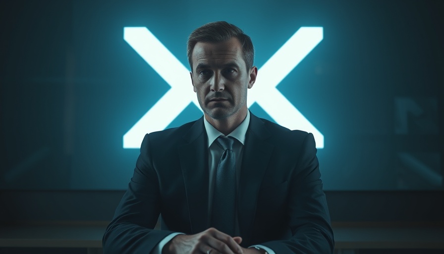 Serious executive and digital X logo in focus, dark theme.