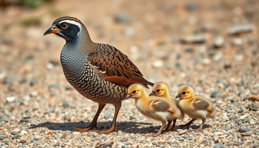 California Quail with chicks on gravel in natural light.