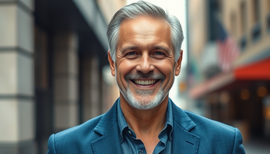 Confident man in blue blazer, smiling warmly