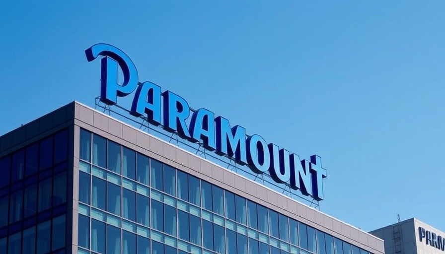 Paramount sign atop modern building, clear sky, symbolic of media freedom.